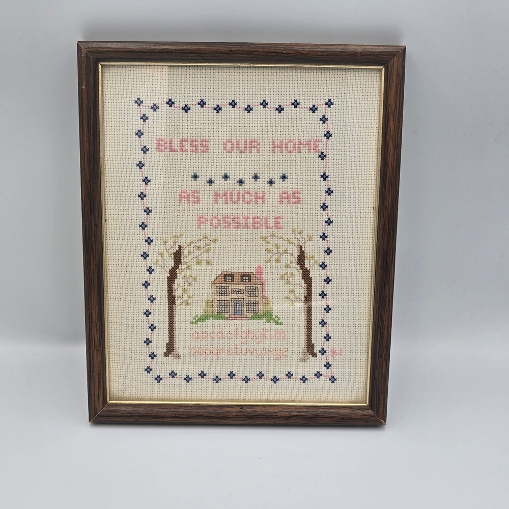 Vintage Framed Cross Stitch Sampler Bless Our Home House Folk Art Wall Decor